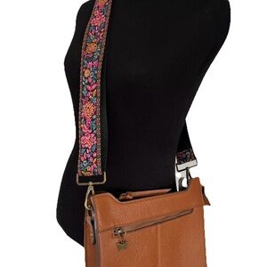 The Pioneer Woman Josie Crossbody Bag Purse Embroidered Floral Strap Cognac